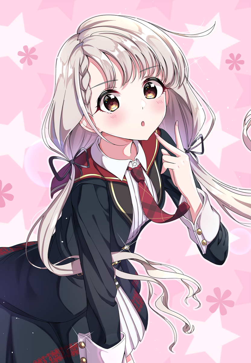1girl :o bangs black_jacket black_ribbon black_skirt blush braid brown_eyes collared_shirt commentary_request dress_shirt eyebrows_visible_through_hair fingernails glint hair_ribbon hand_up highres hisakawa_nagi idolmaster idolmaster_cinderella_girls idolmaster_cinderella_girls_starlight_stage jacket light_brown_hair long_hair long_sleeves looking_at_viewer low_twintails nail_polish necktie open_clothes open_jacket parted_lips pink_nails plaid_neckwear red_neckwear ribbon shirt skirt solo star starry_background sutoroa twintails v very_long_hair white_shirt