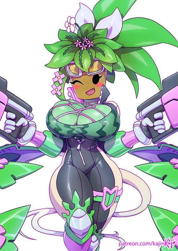 1girl ;) blaster_master_zero blaster_master_zero_2 blush_stickers bodysuit breasts catsuit cleavage commentary dual_wielding english_commentary fishnets flower flower_on_head food_print full-length_zipper goggles goggles_on_head green_hair green_skin gun handgun high_collar holding kajin_(kajinman) kanna_(blaster_master_zero) large_breasts monster_girl one_eye_closed patreon_username skindentation smile solo tail thick_thighs thigh_strap thighs unzipped watermelon_print weapon white_background zipper