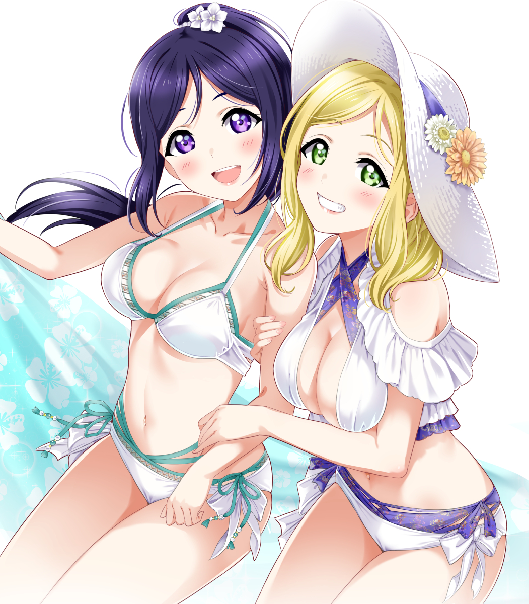 2girls bangs bare_arms bare_legs bikini blonde_hair blue_hair blue_towel blush breasts cleavage collarbone commentary_request criss-cross_halter floral_print flower frilled_bikini frills green_eyes hair_ornament hair_tie halterneck hat hat_flower highres holding_arm large_breasts layered_bikini layered_swimsuit love_live! love_live!_sunshine!! matsuura_kanan multiple_girls navel ohara_mari open_mouth ponytail rozen5 side-tie_bikini sidelocks simple_background smile striped striped_bikini swimsuit towel violet_eyes white_background white_bikini white_bikini_bottom white_bikini_top