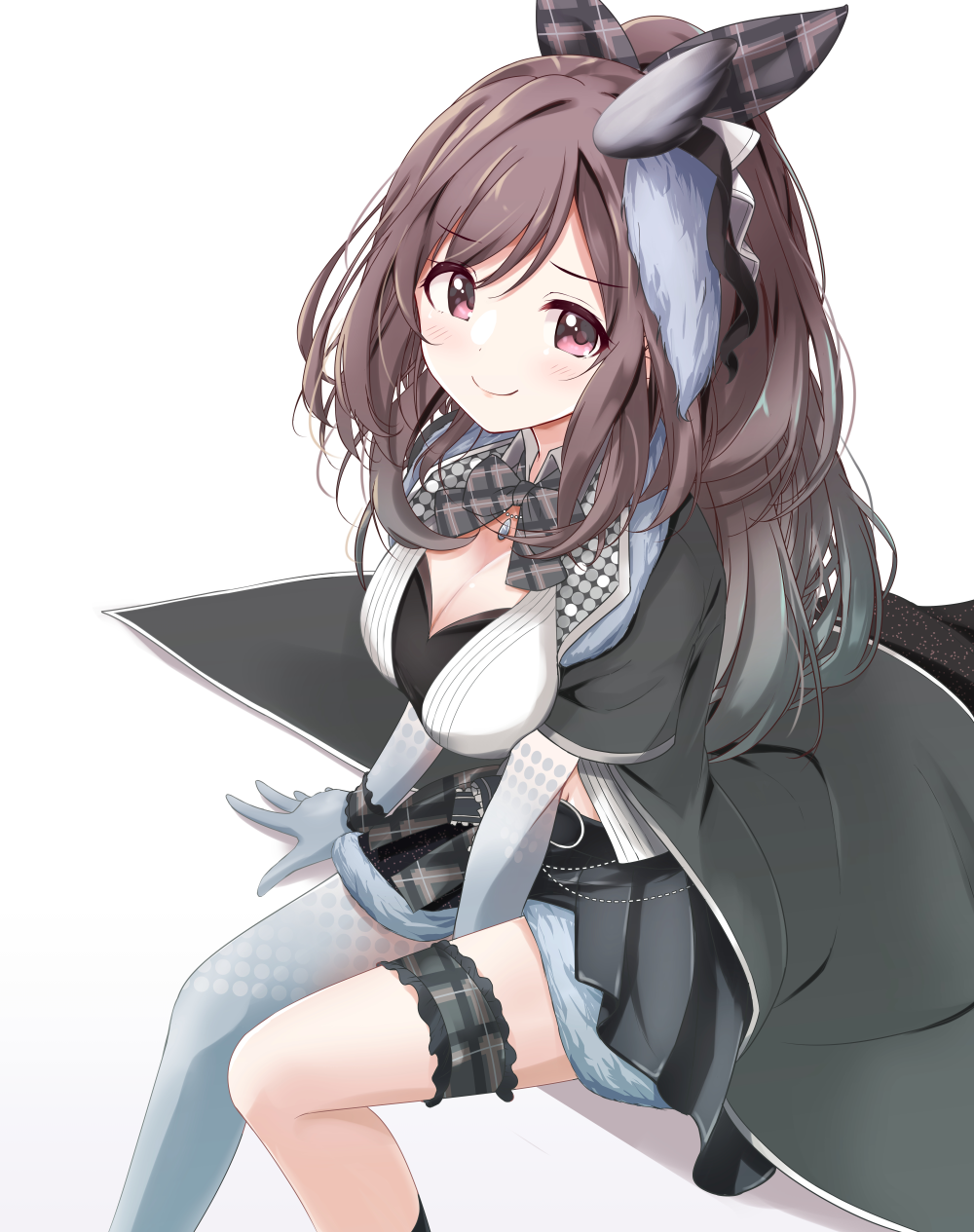 1girl akisaka_yamoka black_cape black_skirt blue_gloves blue_legwear blush bow bowtie breasts brown_hair cape cleavage elbow_gloves eyebrows_visible_through_hair gloves gradient_gloves gradient_hair gradient_legwear highres idolmaster idolmaster_shiny_colors jewelry large_breasts looking_at_viewer multicolored_hair necklace pink_eyes pleated_skirt simple_background single_thighhigh sitting skirt smile solo thigh-highs tsukioka_kogane white_background