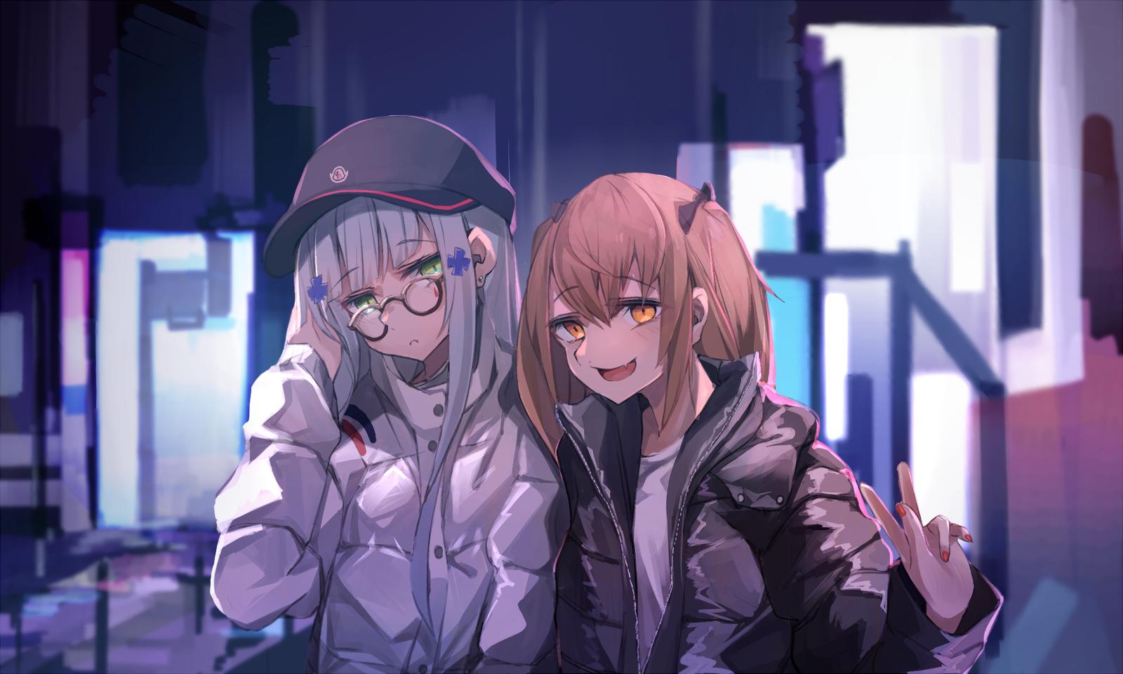 2girls alternate_costume baseball_cap brown_hair city commentary_request eyebrows_visible_through_hair girls_frontline glasses green_eyes hair_ribbon hat highres hk416_(girls_frontline) jacket miyabino_(miyabi1616) multiple_girls night ribbon silver_hair twintails ump9_(girls_frontline) v yellow_eyes