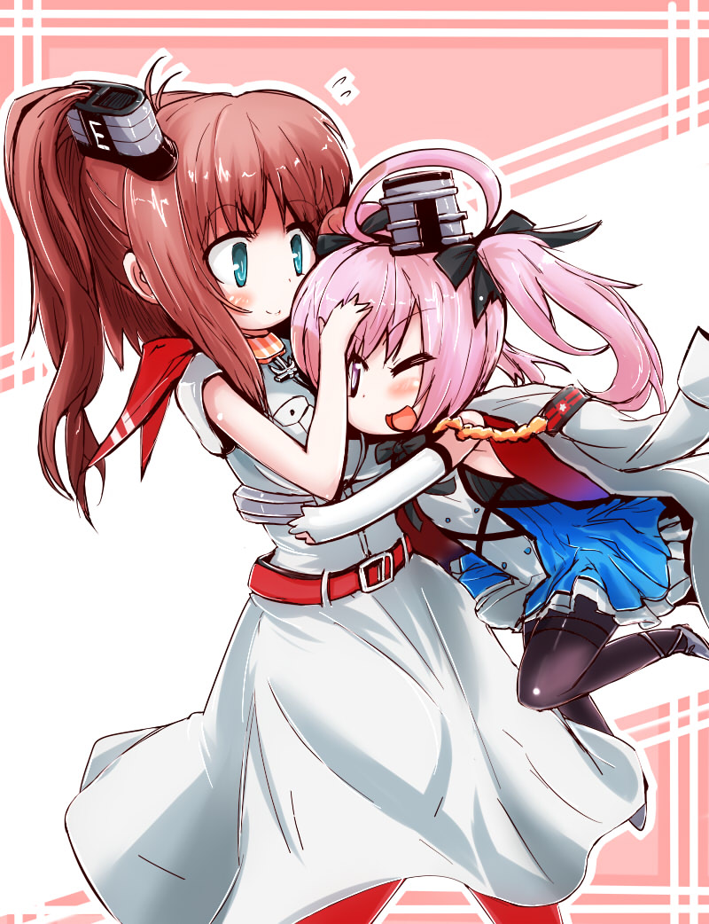 2girls ;d ahoge azur_lane bangs belt belt_buckle black_bow black_legwear blue_dress blue_eyes blush bow brown_hair buckle chibi closed_mouth commentary_request crossover dress elbow_gloves eyebrows_visible_through_hair flying_sweatdrops gloves grey_footwear hair_bow high_ponytail jacket jacket_on_shoulders kantai_collection multiple_girls namesake one_eye_closed open_mouth pantyhose partly_fingerless_gloves pink_hair pleated_dress ponytail red_belt red_legwear saratoga_(azur_lane) saratoga_(kantai_collection) shoes short_sleeves sleeveless sleeveless_dress smile smokestack thighband_pantyhose twintails violet_eyes white_dress white_gloves white_jacket yagami_kamiya