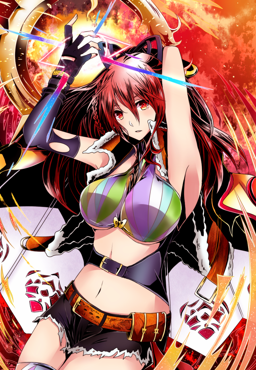 1girl armpits arms_up belt black_gloves black_nails black_shorts breasts collarbone cowboy_shot crop_top detached_sleeves divine_gate elbow_gloves fingerless_gloves getsuyoubi gloves hair_between_eyes highres huge_breasts long_hair long_sleeves looking_at_viewer midriff nail_polish navel parted_lips red_eyes redhead short_shorts shorts solo standing stomach thigh-highs torn_clothes torn_gloves torn_shorts very_long_hair
