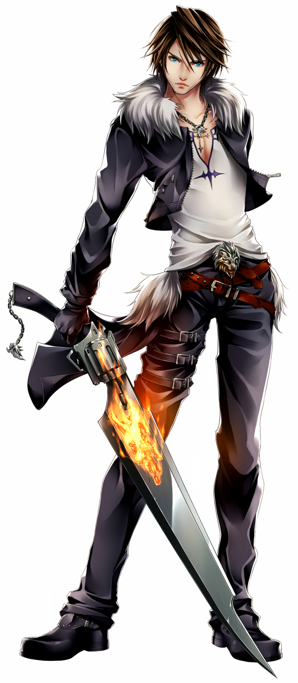 1boy belt blue_eyes brown_hair closed_mouth cropped_jacket facial_scar final_fantasy final_fantasy_viii full_body fur-trimmed_jacket fur_trim gloves gun gunblade handgun highres hiromyan holding holding_sword holding_weapon jacket jewelry long_sleeves looking_at_viewer male_focus necklace open_jacket revolver scar scar_on_face shirt_under_jacket short_hair simple_background solo squall_leonhart standing sword weapon white_background zipper