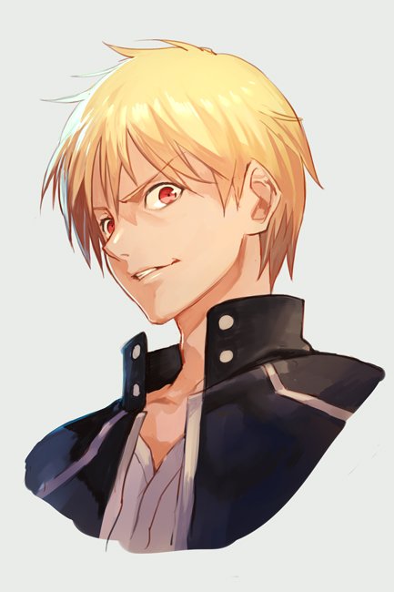 1boy bangs blonde_hair cropped_torso fate_(series) gilgamesh hankuri looking_at_viewer male_focus parted_lips portrait red_eyes short_hair simple_background smile solo white_background