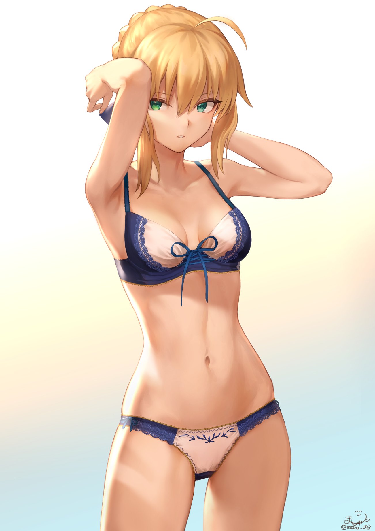 1girl armpits artoria_pendragon_(all) blue_bra bra fate/stay_night fate_(series) gradient gradient_background highres looking_at_viewer mashu_003 navel saber solo underwear