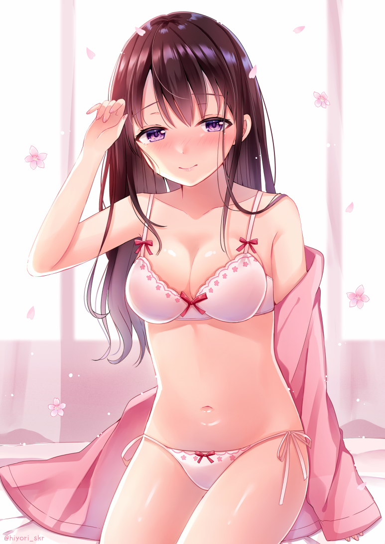 1girl arm_up bangs bare_arms bare_shoulders bed_sheet blush bow bow_bra bow_panties bra breasts brown_hair cleavage closed_mouth collarbone eyebrows_visible_through_hair fingernails flower hair_between_eyes hand_up jacket long_hair long_sleeves looking_at_viewer medium_breasts nail_polish navel nose_blush off_shoulder open_clothes open_jacket original panties petals pink_bra pink_flower pink_jacket pink_nails pink_panties sakura_hiyori shiny shiny_skin side-tie_panties sidelocks sitting sleeves_past_wrists smile solo stomach tareme thighs twitter_username underwear underwear_only violet_eyes white_bra white_panties