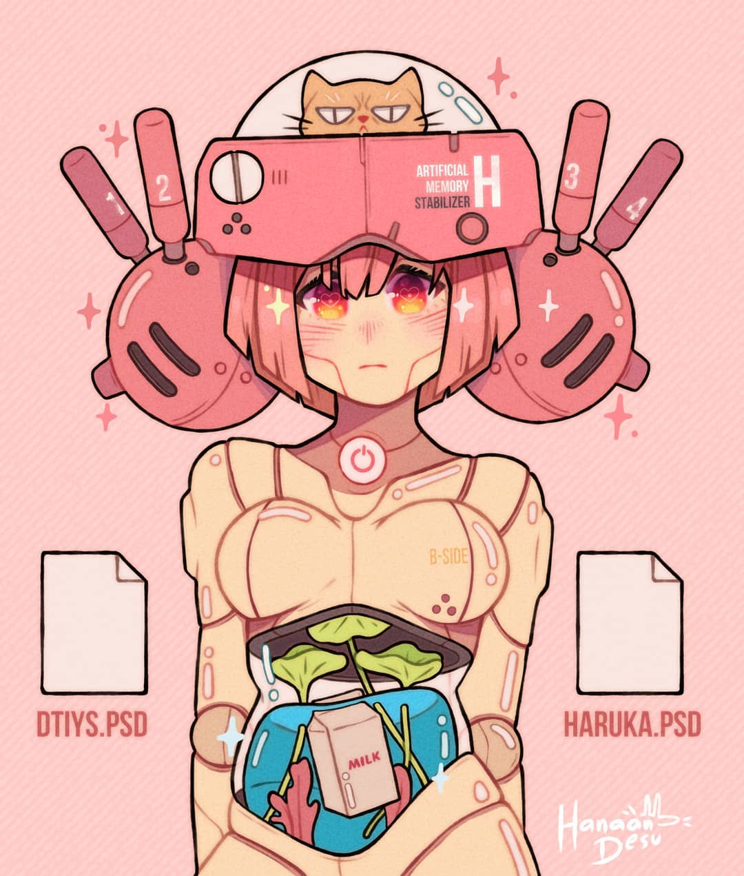 1girl android antenna aquarium artist_name bangs breasts canopy cat cockpit cowboy_shot english_text evil_eyes gradient_eyes hair_between_eyes hanaan hat heart heart-shaped_pupils highres icons insignia liquid looking_at_viewer medium_breasts milk_carton multicolored multicolored_eyes original pink_background pink_hair plant red_eyes robot robot_joints short_hair software_icon solo sparkle symbol-shaped_pupils terrarium transparent yellow_eyes