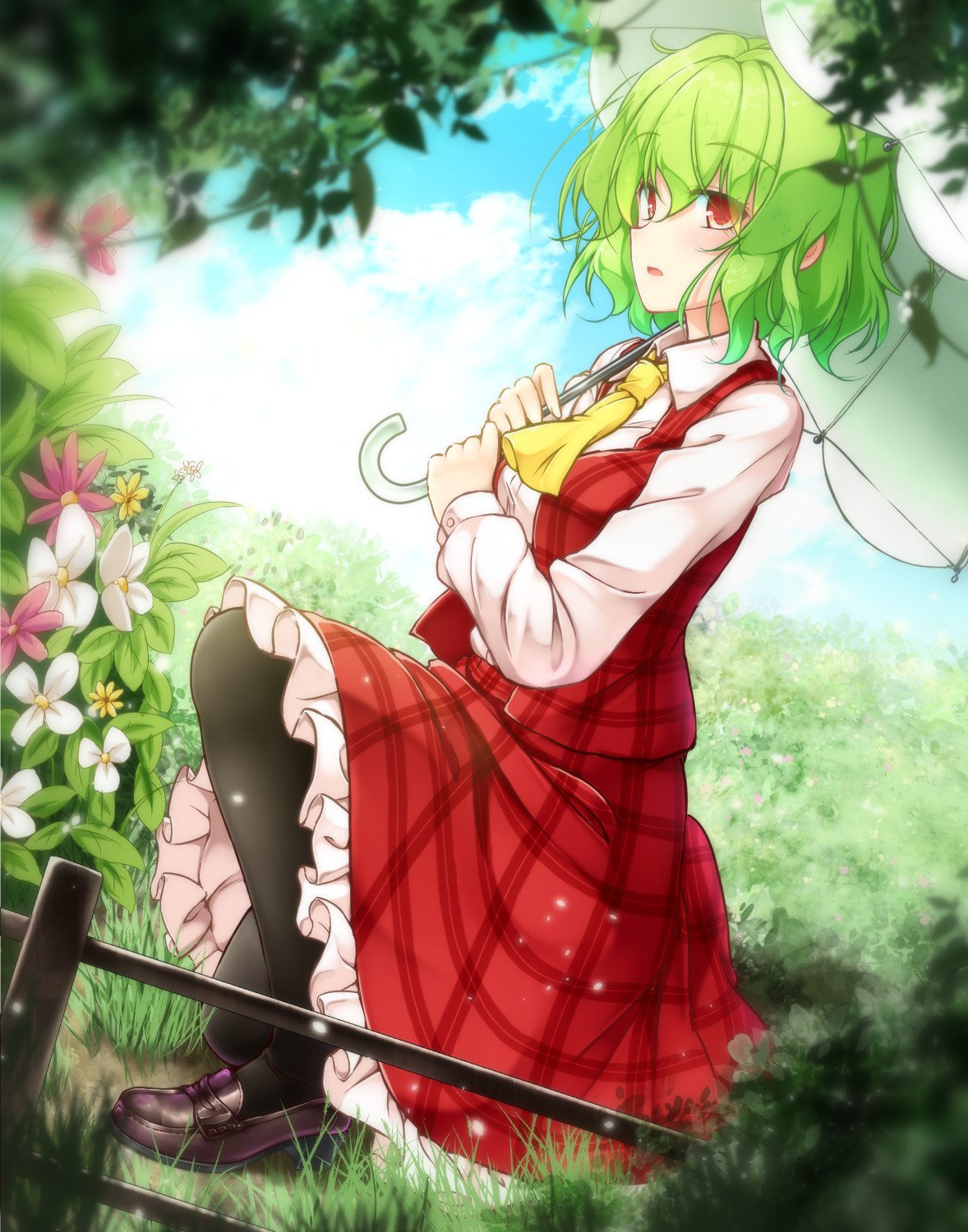 1girl aka_tawashi ascot bangs black_footwear black_legwear blue_sky blush breasts clouds commentary_request day dutch_angle eyebrows_visible_through_hair flower full_body grass green_hair hair_between_eyes highres holding holding_umbrella kazami_yuuka leaf loafers long_sleeves looking_at_viewer medium_breasts one_knee outdoors pantyhose parted_lips petticoat pink_flower plaid plaid_skirt plaid_vest red_eyes red_skirt red_vest shirt shoes short_hair skirt skirt_set sky solo touhou umbrella vest white_flower white_shirt white_umbrella wing_collar yellow_flower yellow_neckwear