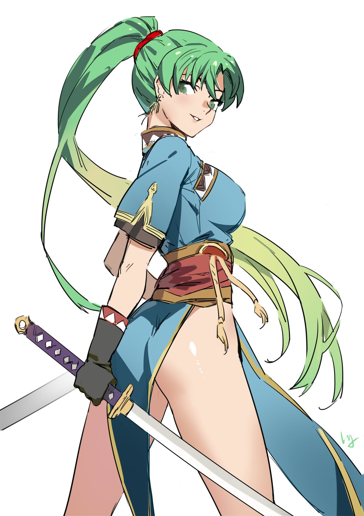 1girl ass earrings fingerless_gloves fire_emblem fire_emblem:_rekka_no_ken gloves green_eyes green_hair high_ponytail highres jewelry long_hair looking_at_viewer lyndis_(fire_emblem) nanaya_(daaijianglin) nintendo pelvic_curtain ponytail side_slit simple_background smile solo sword weapon white_background