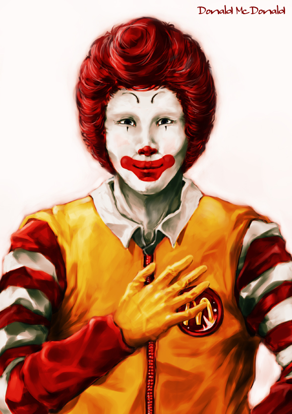 1boy black_eyes character_name facepaint gloves hand_on_own_chest looking_at_viewer mcdonald's nurikabe_(mictlan-tecuhtli) pose redhead ronald_mcdonald simple_background smile solo striped upper_body white_skin