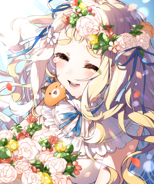 1girl :d ^_^ animal animal_on_shoulder bare_shoulders blonde_hair blue_ribbon blush bouquet character_request closed_eyes closed_eyes commentary_request crying dress flower flower_wreath fox hair_ribbon head_wreath kurihara_sakura long_hair nijisanji open_mouth red_flower ribbon rose round_teeth smile solo tears teeth upper_teeth white_dress white_flower white_rose yellow_flower yellow_rose