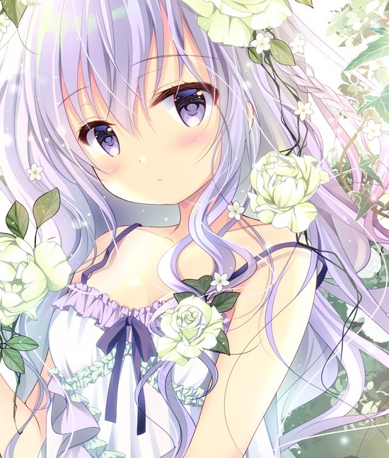 1girl bangs bare_shoulders blush breasts closed_mouth commentary_request dress eyebrows_visible_through_hair flower frilled_dress frills hair_between_eyes hair_flower hair_ornament head_tilt long_hair looking_at_viewer original purple_hair purple_ribbon ribbon shirogane_hina sleeveless sleeveless_dress small_breasts solo strap_slip upper_body very_long_hair violet_eyes white_dress white_flower