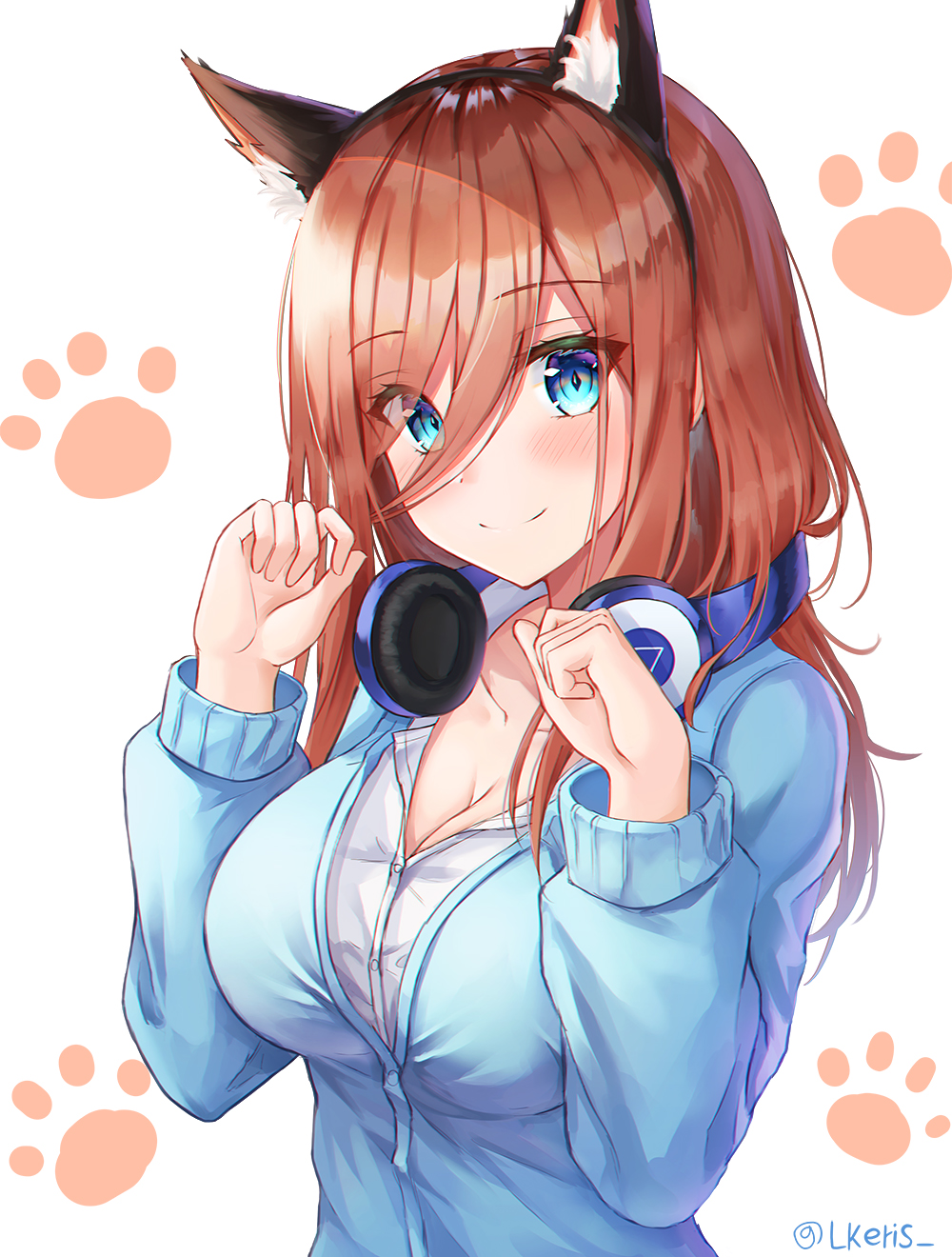 1girl animal_ear_fluff animal_ears bangs black_hairband blue_cardigan blue_eyes breasts cat_ears cleavage closed_mouth collarbone fake_animal_ears go-toubun_no_hanayome hair_between_eyes hairband hands_up headphones headphones_around_neck highres large_breasts lkeris long_hair long_sleeves looking_at_viewer nakano_miku paw_background paw_pose redhead school_uniform shirt sidelocks simple_background smile solo twitter_username upper_body white_background white_shirt