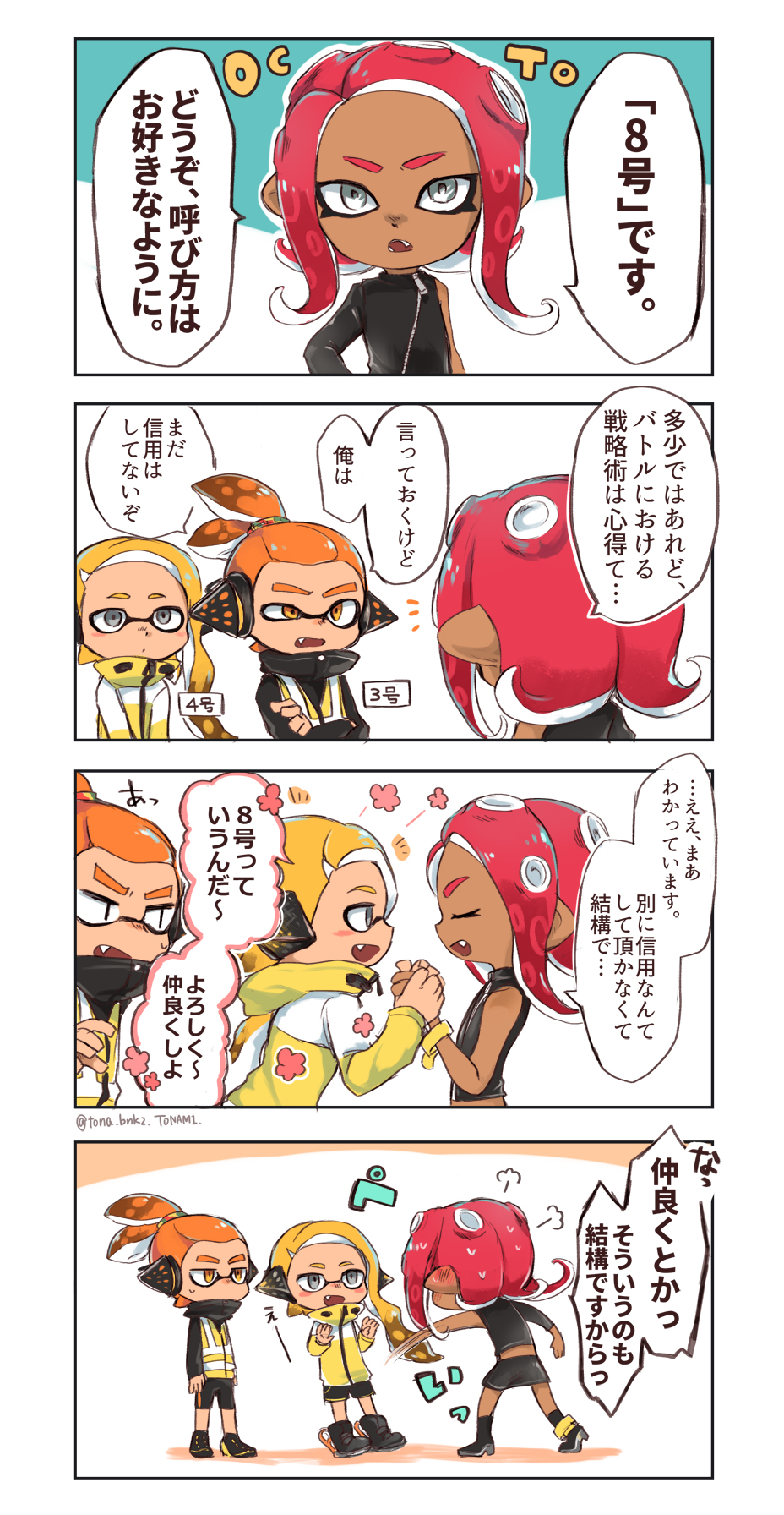 1boy 2girls agent_8 black_shirt blonde_hair blush commentary_request dark_skin domino_mask ear_blush earmuffs fangs hand_holding headgear highres inkling makeup mascara mask medium_hair multiple_girls octarian octoling orange_eyes orange_hair pointy_ears redhead shirt short_eyebrows shorts single_sleeve splatoon splatoon_(series) splatoon_2 splatoon_2:_octo_expansion squid squidbeak_splatoon suction_cups tentacle_hair tona_bnkz translation_request vest yellow_coat yellow_vest