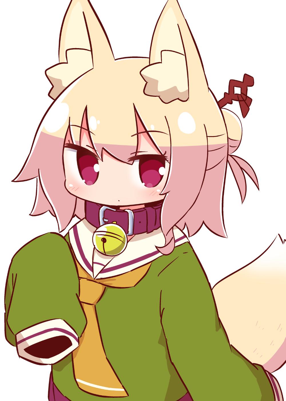 1girl animal_ear_fluff animal_ears bangs bell bell_collar blonde_hair blush brown_collar brown_neckwear closed_mouth collar commentary_request eyebrows_visible_through_hair fox_ears fox_girl fox_tail green_shirt hair_between_eyes hair_bun hair_ornament hand_up highres jingle_bell kemomimi-chan_(naga_u) long_hair long_sleeves naga_u original pleated_skirt purple_skirt red_eyes sailor_collar shirt sidelocks simple_background skirt sleeves_past_fingers sleeves_past_wrists solo tail tail_raised white_background white_sailor_collar