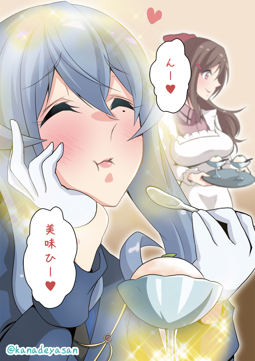 2girls blue_hair brown_hair closed_eyes commentary_request food gloves gotland_(kantai_collection) hair_bun hair_ornament hairclip half_gloves hand_on_own_cheek heart highres holding holding_spoon holding_tray kanade_(kanadeya) kantai_collection kappougi long_hair long_sleeves mamiya_(kantai_collection) military military_uniform mole mole_under_eye multiple_girls open_mouth speech_bubble spoken_heart spoon translation_request tray uniform white_gloves