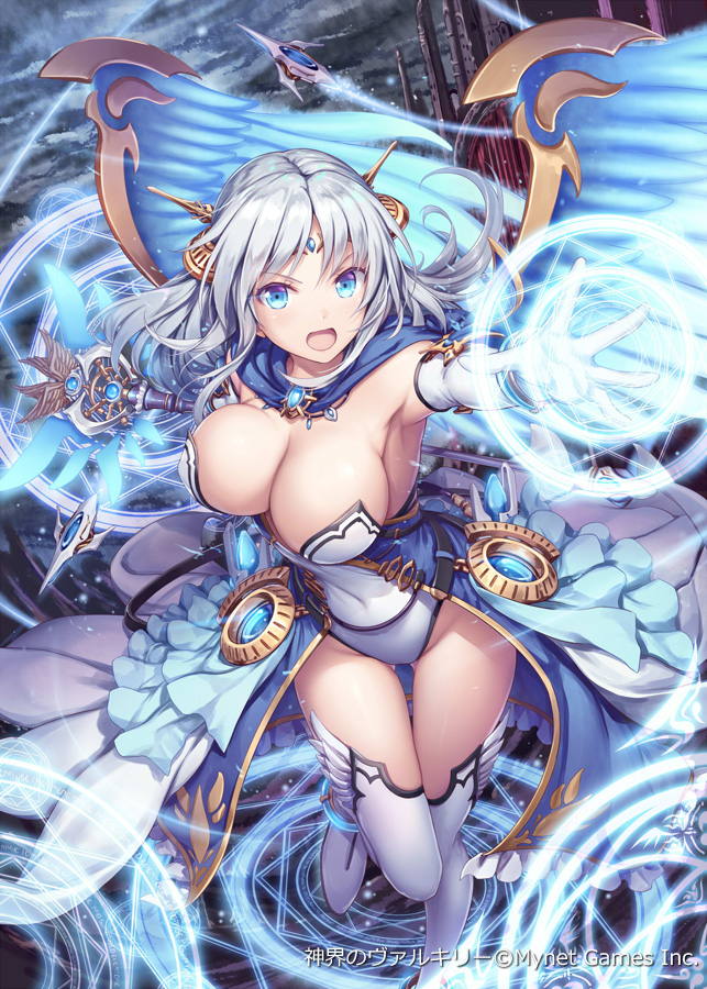 1girl akkijin angel_wings black_sky blue_dress blue_eyes blue_hair breasts cane card_(medium) castle clouds cloudy_sky dress drone flying gloves gluteal_fold holding holding_cane large_breasts looking_at_viewer magic_circle official_art open_mouth oracle_(shinkai_no_valkyrie) shinkai_no_valkyrie sky tiara underwear weapon white_gloves wings