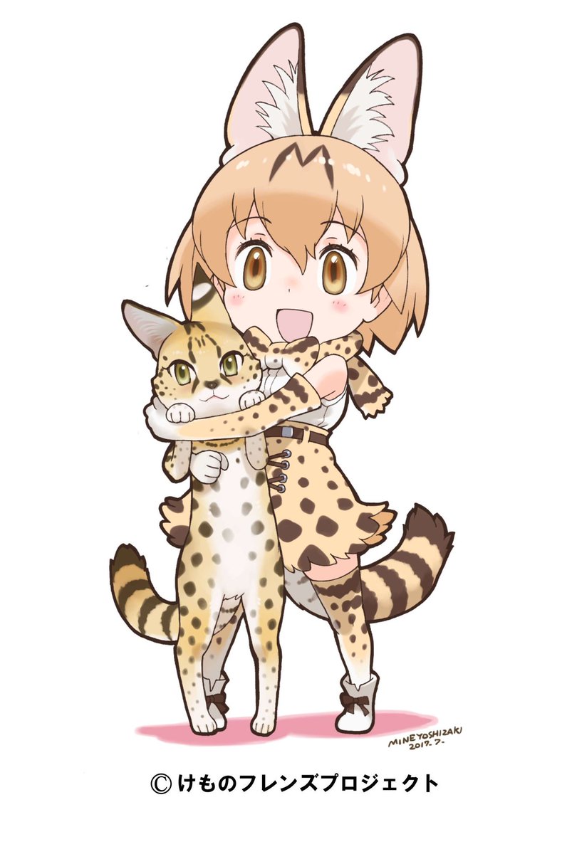 1girl animal_ears creature_and_personification dated full_body highres kemono_friends official_art open_mouth ribbon serval serval_(kemono_friends) serval_ears serval_print serval_tail tail thigh-highs white_background yoshizaki_mine