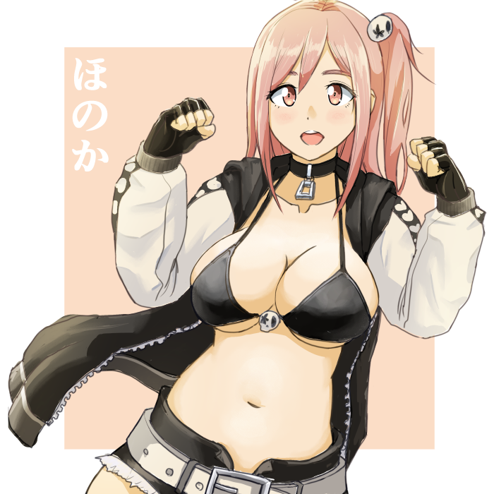 1girl belt belt_buckle black_bikini_top black_choker black_gloves breasts buckle choker cleavage clenched_hands collarbone commentary_request dead_or_alive dead_or_alive_6 fingerless_gloves gloves hair_ornament hands_up heart heart_print hiroyama_(hpzg5374) honoka_(doa) jacket large_breasts long_hair looking_at_viewer navel one_side_up open_clothes open_jacket pink_hair red_eyes side_ponytail skull skull_hair_ornament solo spaghetti_strap two-tone_background upper_body