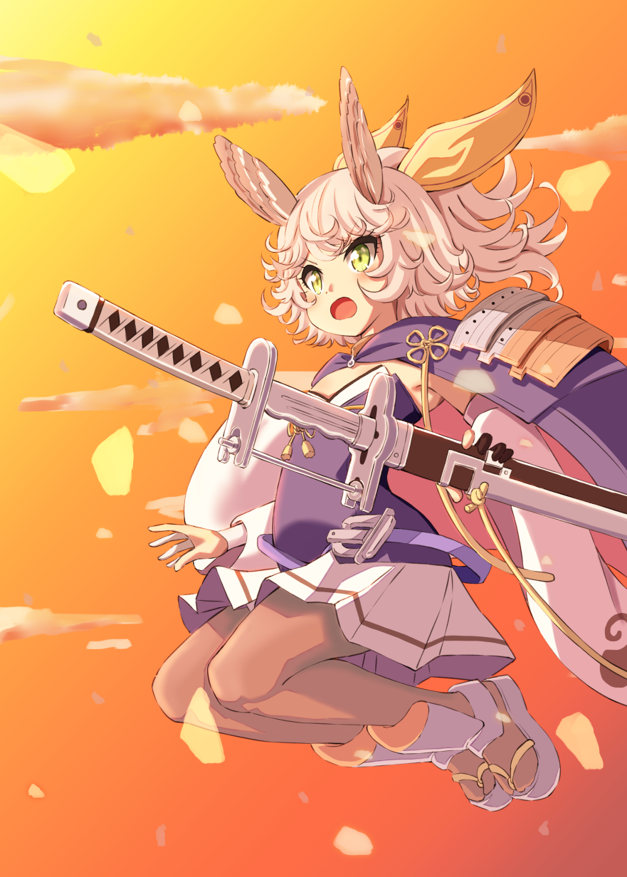 animal_ears azur_lane bangs blue_shirt character_request commentary_request detached_sleeves geta hair_ribbon highres holding holding_sword holding_weapon jumping katana medium_hair midair multicolored multicolored_background open_mouth pantyhose rabbit_ears ribbon serious shirt shoulder_armor skirt sunset sword user_ujzx4875 weapon white_hair white_skirt yellow_eyes yellow_ribbon