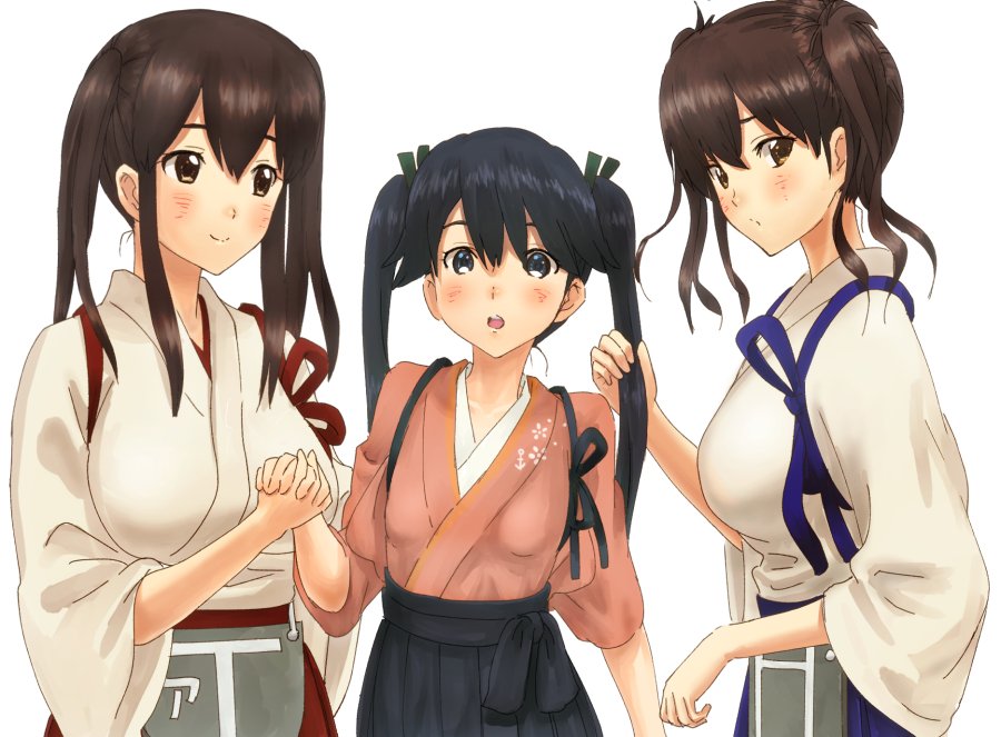 1girl 3girls akagi_(kantai_collection) apron black_hair black_hakama blue_eyes blue_hakama brown_eyes brown_hair cowboy_shot drill_hair hakama hakama_skirt houshou_(kantai_collection) japanese_clothes kaga_(kantai_collection) kantai_collection kimono kujira_naoto long_hair matching_hairstyle multiple_girls pink_kimono red_hakama simple_background solo tasuki twintails white_background