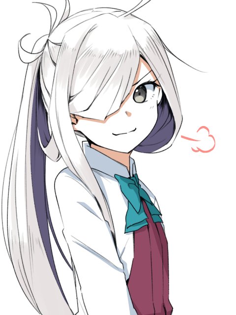 1girl ahoge asashimo_(kantai_collection) bow bowtie flat_chest grey_eyes hair_over_one_eye halterneck kantai_collection long_hair looking_at_viewer moti_coi ponytail school_uniform shirt silver_hair simple_background smile smug solo upper_body white_background white_shirt