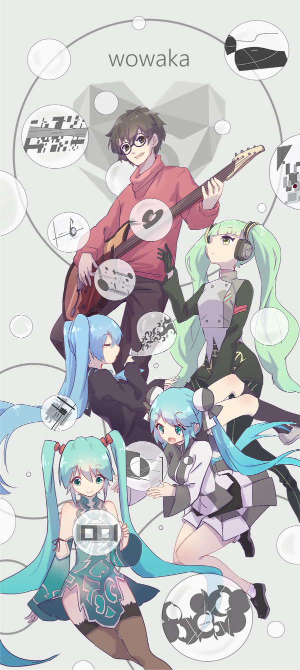 1boy 1girl agitation_(module) aqua_eyes aqua_hair bangs blush brown_eyes brown_hair bubble checkered checkered_skirt chinese_clothes closed_eyes commentary_request conflict_(module) double_bun gloves green_eyes green_hair guitar hatsune_miku headphones highres instrument multiple_persona nejikyuu open_mouth project_diva_(series) rolling_girl_(vocaloid) round_eyewear school_uniform skirt smile suigyoku_(module) thigh-highs toosenbo_(vocaloid) twintails unhappy_refrain_(vocaloid) unknown_mother_goose_(vocaloid) ura-omote_lovers_(vocaloid) vocaloid world's_end_dancehall_(vocaloid) wowaka