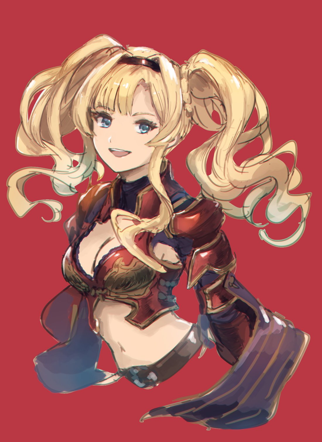 1girl :d black_hairband blonde_hair blue_eyes braid breastplate breasts cleavage cleavage_cutout cropped_torso eyebrows_visible_through_hair floating_hair granblue_fantasy hair_intakes hairband highres long_hair looking_at_another medium_breasts midriff navel open_mouth red_background shimatani_azu shiny shiny_hair shoulder_armor simple_background sketch smile solo spaulders stomach twintails upper_body zeta_(granblue_fantasy)