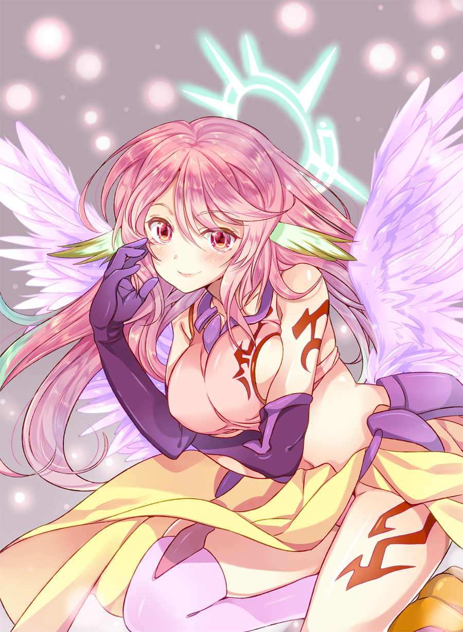 1girl angel_wings blush breast_hold breasts closed_mouth crop_top feathered_wings gloves gradient_hair halo highres jibril_(no_game_no_life) large_breasts long_hair looking_at_viewer low_wings magic_circle midriff mihara_youzora multicolored_hair no_game_no_life pink_eyes pink_hair sideboob single_thighhigh smile solo tattoo thigh-highs very_long_hair white_wings wing_ears wings