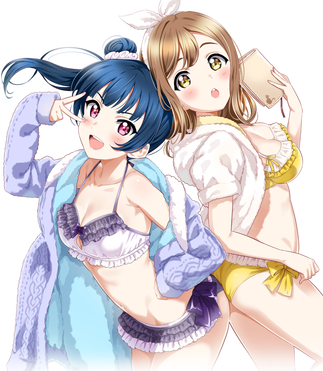 2girls :d :o ass-to-ass bangs bare_legs bare_shoulders bikini blue_hair blush book bow breasts brown_hair cleavage cleavage_cutout collarbone eyebrows_visible_through_hair frilled_bikini frills hair_bun hair_ornament hair_scrunchie headband highres jacket kunikida_hanamaru lavender_bikini long_hair long_sleeves looking_at_viewer looking_to_the_side love_live! love_live!_sunshine!! medium_breasts medium_hair multiple_girls navel open_mouth purple_bow rozen5 scrunchie side_bun side_ponytail simple_background small_breasts smile swimsuit tsushima_yoshiko upper_teeth v v_over_eye violet_eyes white_background white_scrunchie yellow_bikini yellow_bow yellow_eyes