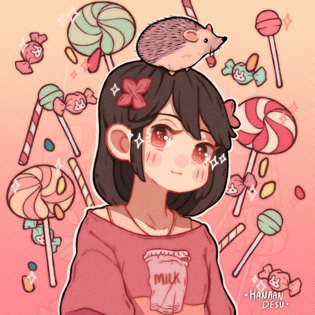 1girl animal animal_on_head artist_name bangs black_hair candy candy_wrapper flower food gradient gradient_background hair_flower hair_ornament hanaan hedgehog lollipop looking_at_viewer medium_hair milk on_head original outline print_shirt red_eyes red_flower shirt smile solo sparkle white_outline