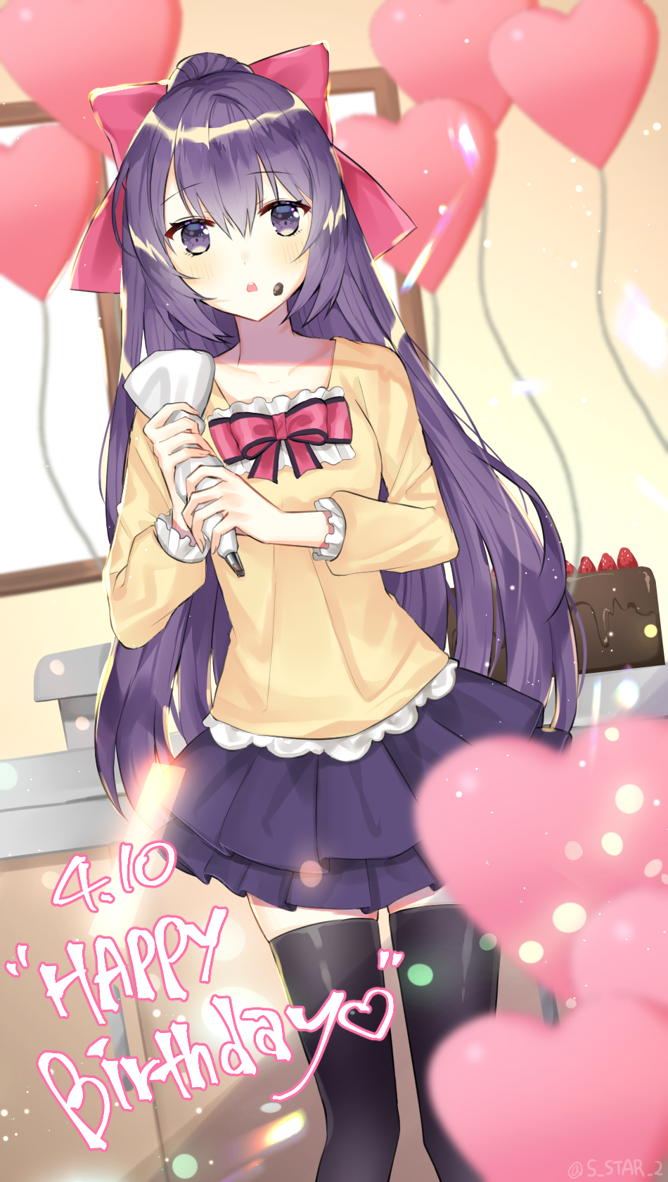 1girl bangs black_legwear bow cake chocolate_cake chocolate_icing date_a_live dated food food_on_face frilled_shirt frills fruit hair_between_eyes hair_bow happy_birthday heart heart_balloon highres holding icing knees_together_feet_apart long_hair long_sleeves open_mouth purple_hair purple_skirt red_bow shirt skirt solo standing strawberry thigh-highs user_uyfr2275 very_long_hair violet_eyes yatogami_tooka zettai_ryouiki