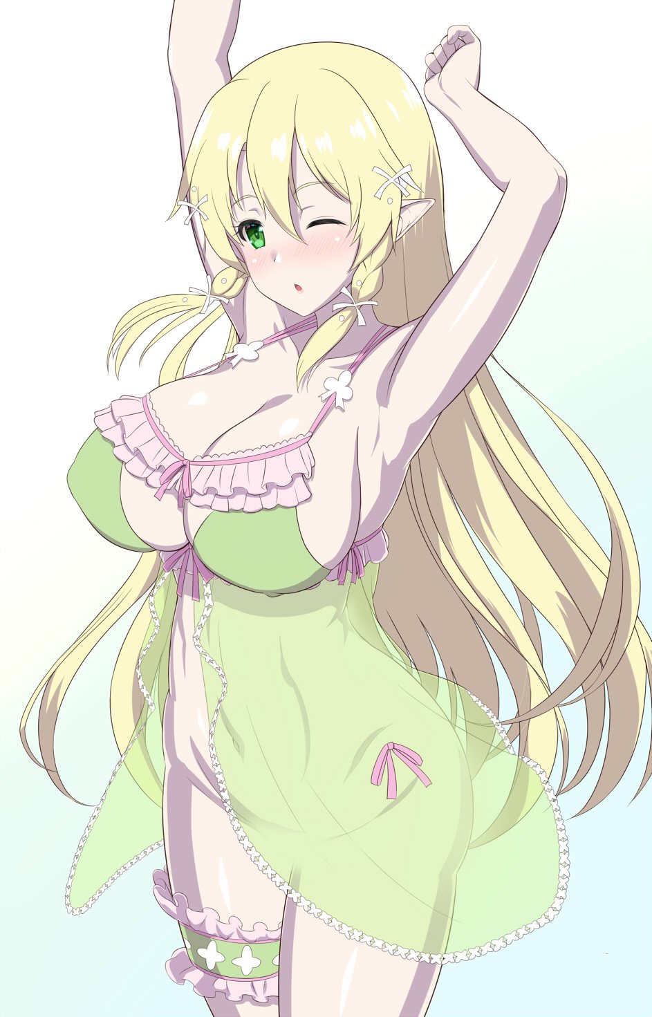 1girl blonde_hair breasts green_eyes highres kawase_seiki large_breasts leafa long_hair one_eye_closed pointy_ears see-through sword_art_online