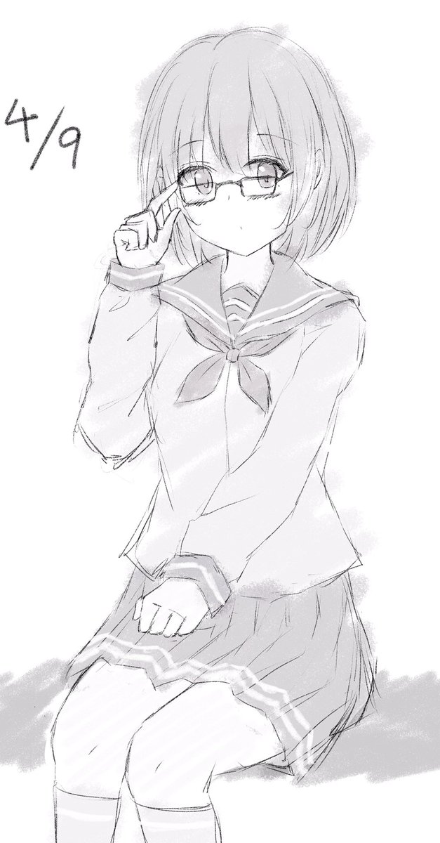 1girl 7_calpis_7 adjusting_eyewear bangs blush closed_mouth commentary_request dated eyebrows_visible_through_hair glasses greyscale hair_between_eyes hand_up head_tilt highres kneehighs long_sleeves monochrome original pleated_skirt sailor_collar school_uniform serafuku shirt sitting skirt sleeves_past_wrists solo white_background