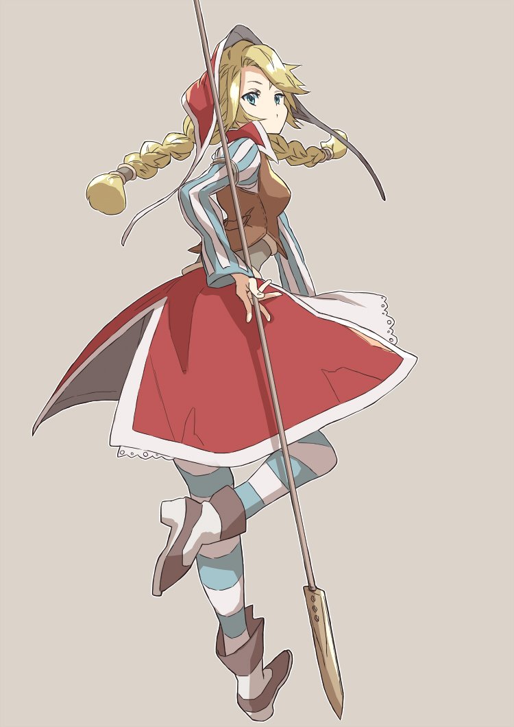 1girl blonde_hair blue_eyes braid brown_footwear cordelia_(saga) from_side full_body grey_background head_scarf holding holding_spear holding_weapon long_hair long_sleeves looking_at_viewer matsutani polearm puffy_sleeves saga saga_frontier_2 simple_background solo spear striped striped_legwear thigh-highs twin_braids vertical_stripes weapon