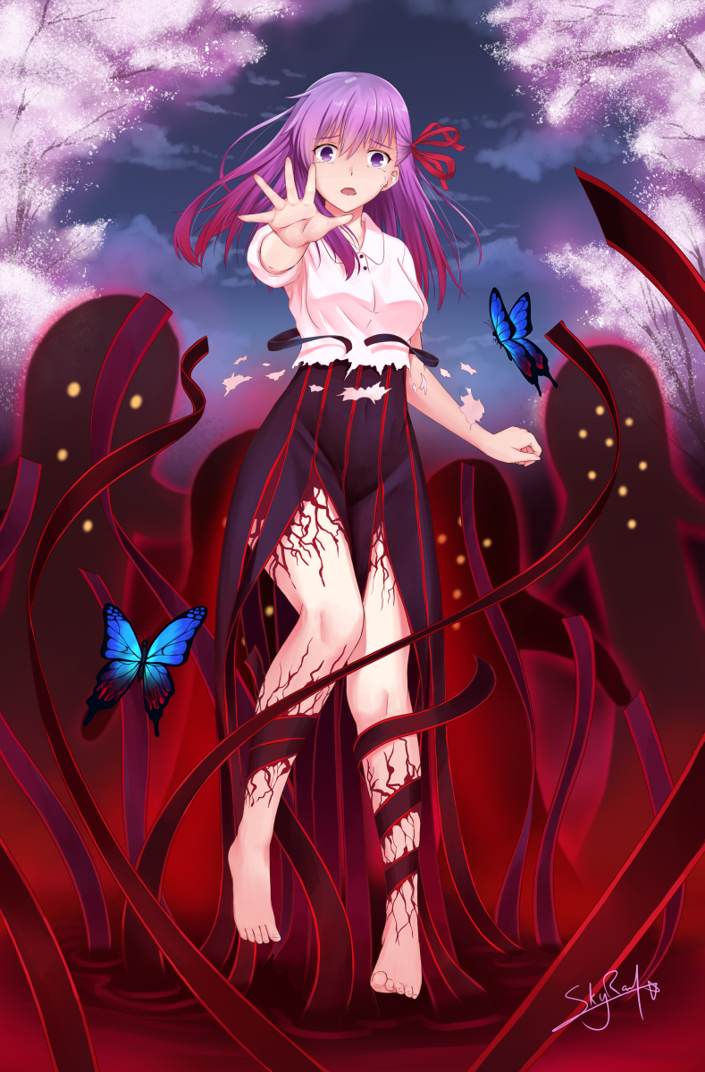 1girl barefoot breasts bug butterfly commentary_request dress eyebrows_visible_through_hair fate/stay_night fate_(series) full_body hair_ribbon highres insect large_breasts long_hair looking_at_viewer magic matou_sakura multicolored_hair outdoors purple_hair red_ribbon redhead ribbon shirt short_sleeves skyrail solo solo_focus tearing_up torn_clothes torn_shirt tree two-tone_hair violet_eyes white_shirt