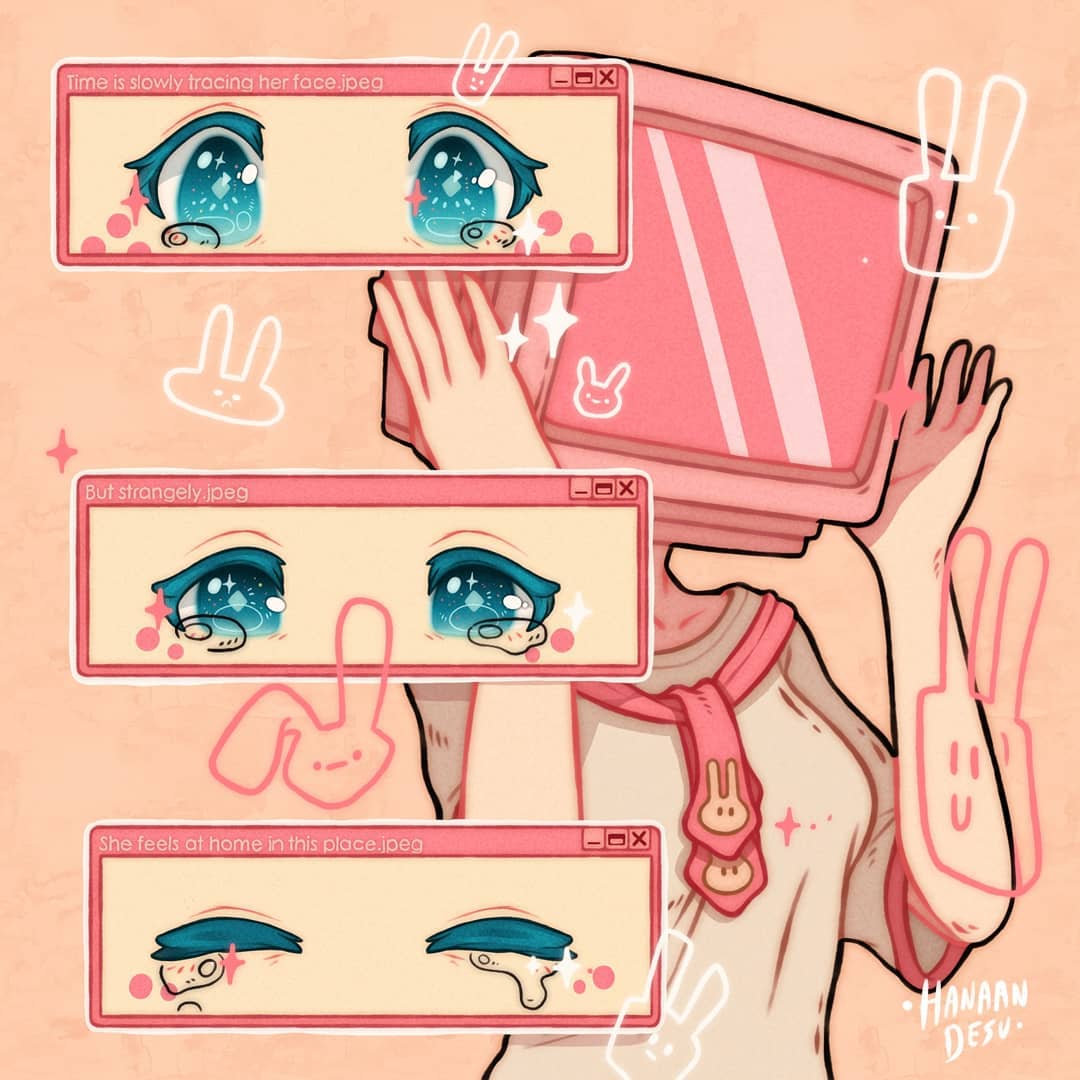 1girl aqua_eyes artist_name diamond-shaped_pupils english_text eyes hanaan hands_up necktie object_head original outline pink_neckwear shirt short_sleeves solo sparkle symbol-shaped_pupils tears upper_body white_outline white_shirt window_(computing) yellow_background