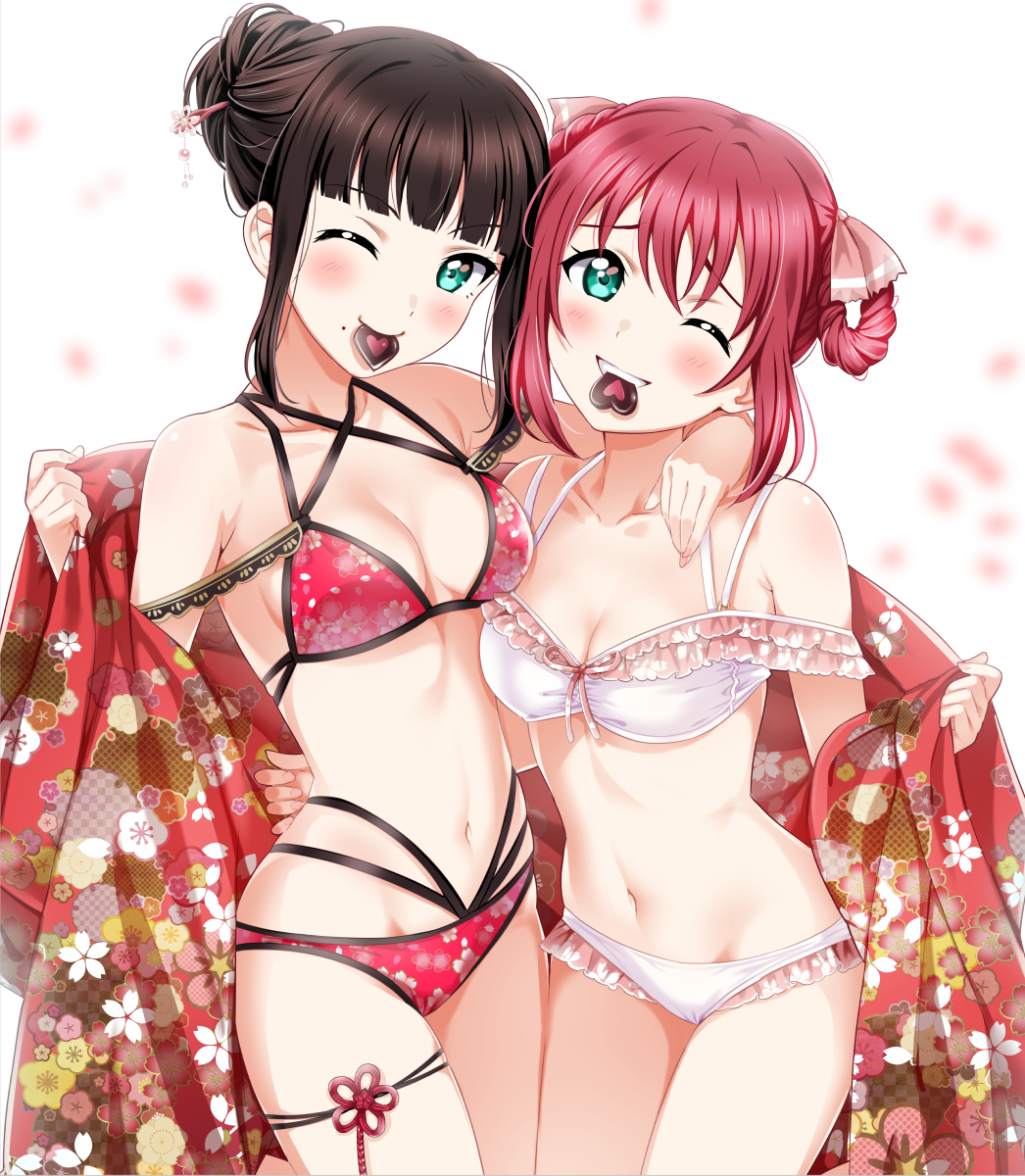 2girls arm_over_shoulder bangs bikini black_hair blush bow breasts candy cherry_blossoms chocolate chocolate_heart cleavage collarbone criss-cross_halter duplicate flashing floral_print food frilled_bikini frills green_eyes hair_between_eyes hair_bow hair_bun hair_ornament hairpin halterneck heart highres kurosawa_dia kurosawa_ruby looking_at_viewer love_live! love_live!_sunshine!! mole mole_under_mouth multi-strapped_bikini multi-strapped_bikini_bottom multiple_girls multiple_straps navel one_eye_closed petals pink_bow red_bikini red_bikini_bottom red_bikini_top redhead robe rozen5 siblings sidelocks simple_background sisters small_breasts smile swimsuit thigh_strap white_background white_bikini white_bikini_bottom white_bikini_top