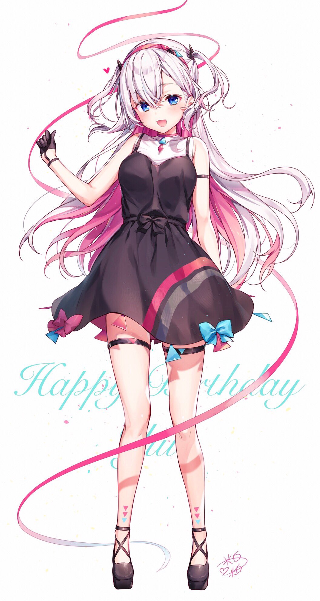 1girl :d arm_strap bangs bare_arms bare_legs bare_shoulders black_dress black_footwear black_gloves blue_eyes blush breasts collarbone cursive dress full_body gloves hair_between_eyes hairband hand_up happy_birthday heart highres komeshiro_kasu long_hair looking_at_viewer medium_breasts multicolored_hair musubime_yui official_art open_mouth pink_hair pink_ribbon ribbon saikyou_virtual_talent_audition shoes signature sleeveless sleeveless_dress smile solo standing thigh_strap thighs two-tone_hair two_side_up virtual_youtuber white_background white_hair