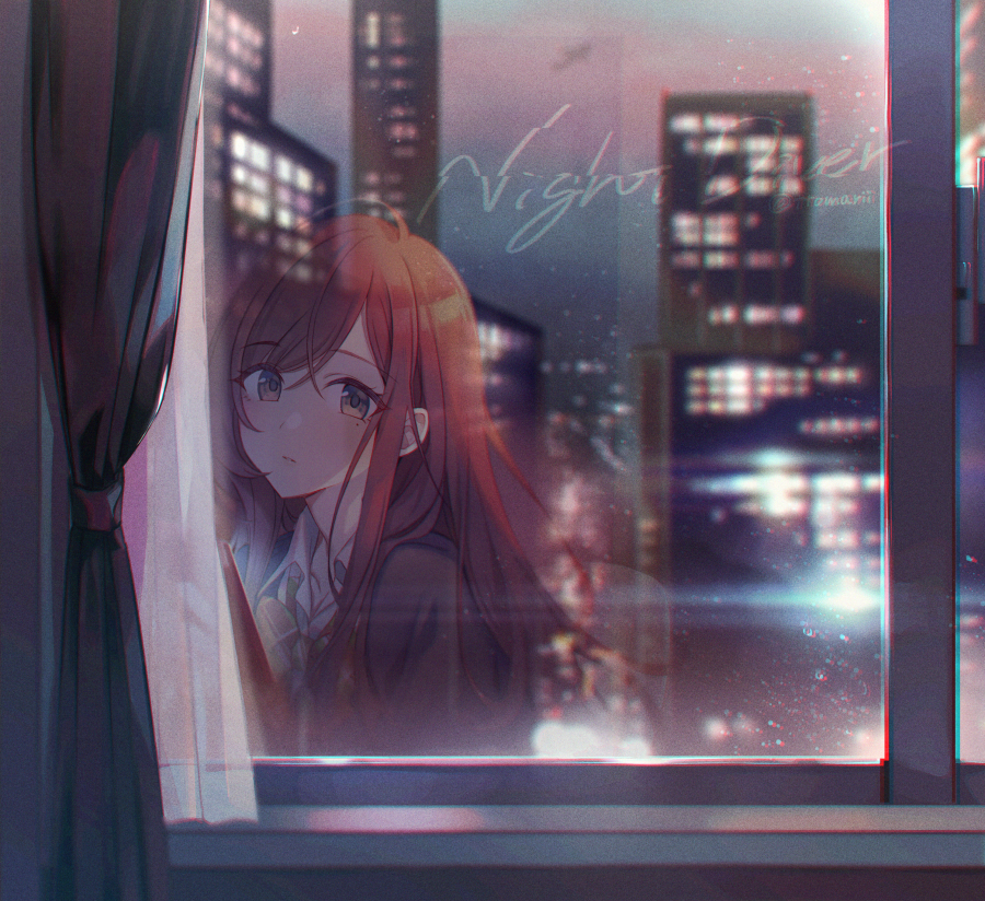 1girl bangs blush breasts brown_eyes brown_hair brown_jacket city_lights cityscape collared_shirt condensation curtains indoors jacket long_hair looking_at_viewer mole mole_under_eye multicolored multicolored_sky night open_mouth original reflection shirt sidelocks signature sky solo tareme veryberry00 white_shirt