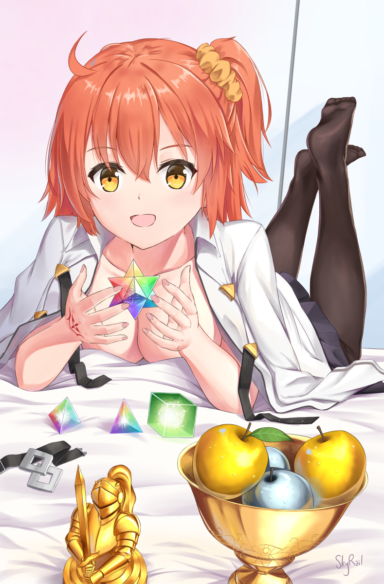 1girl ahoge bangs bare_arms black_legwear black_skirt blush breasts chaldea_uniform cleavage collarbone commentary_request fate/grand_order fate_(series) food fruit fujimaru_ritsuka_(female) gem golden_apple hair_between_eyes hair_ornament hair_scrunchie highres holy_grail_(fate) indoors jacket knight lying medium_breasts no_bra no_shoes on_stomach one_side_up open_clothes open_jacket orange_eyes orange_hair pantyhose saint_quartz scrunchie side_ponytail silver_apple skirt skyrail solo statue white_jacket