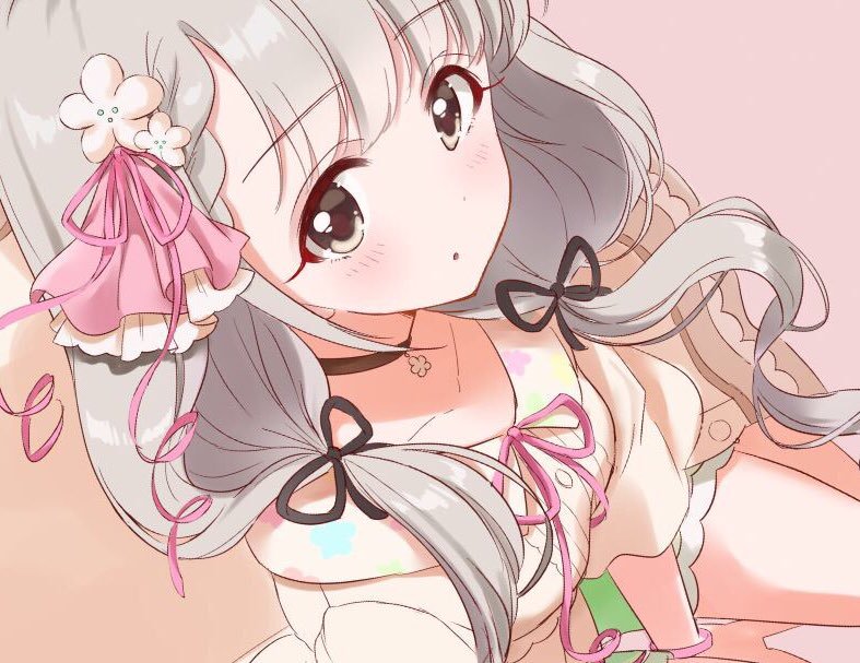 1girl bangs blouse blunt_bangs braid brown_eyes eyebrows_visible_through_hair flower grey_hair hair_flower hair_ornament hair_ribbon hisakawa_nagi idolmaster idolmaster_cinderella_girls long_hair looking_at_viewer low_twintails md5_mismatch precuresenpai ribbon shirt twintails