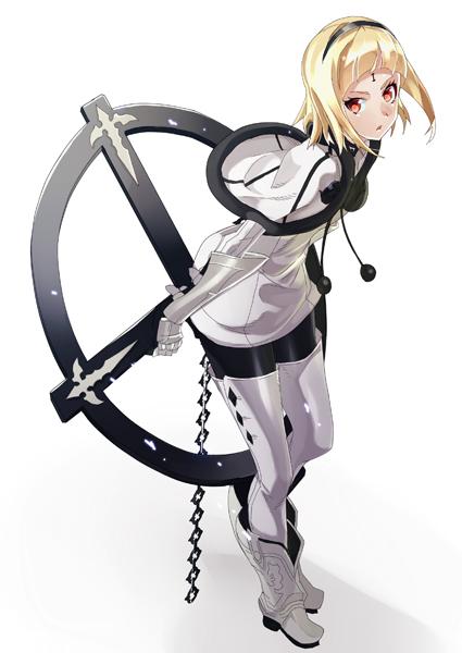 1girl bangs black_hairband black_pants blonde_hair capelet character_request full_body fur-trimmed_capelet fur_trim hairband is_ii leaning_forward looking_at_viewer pants parted_lips red_eyes short_hair simple_background solo standing thigh-highs white_background white_capelet white_coat white_legwear