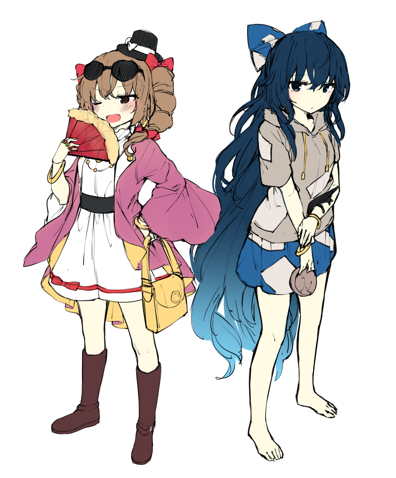 2girls ;d bag bangle bangs bare_legs barefoot belt black_belt black_headwear blue_bow blue_eyes blue_hair blue_skirt blush boots bow bowl bracelet breasts brown_eyes brown_footwear brown_hair coat commentary_request debt drawstring dress drill_hair eyebrows_visible_through_hair eyewear_on_head fan flat_color folding_fan full_body grey_hoodie hair_bow hand_on_hip hand_up handbag hat hat_bow holding holding_bowl holding_fan holding_purse hood hoodie jewelry long_hair long_sleeves looking_at_viewer mini_hat mini_top_hat miniskirt multiple_girls one_eye_closed open_clothes open_coat open_mouth purple_coat red_bow shinoba short_hair short_sleeves siblings simple_background sisters sketch skirt small_breasts smile standing stuffed_animal stuffed_cat stuffed_toy sunglasses thighs top_hat touhou twin_drills twintails very_long_hair white_background white_bow white_dress wide_sleeves yorigami_jo'on yorigami_shion