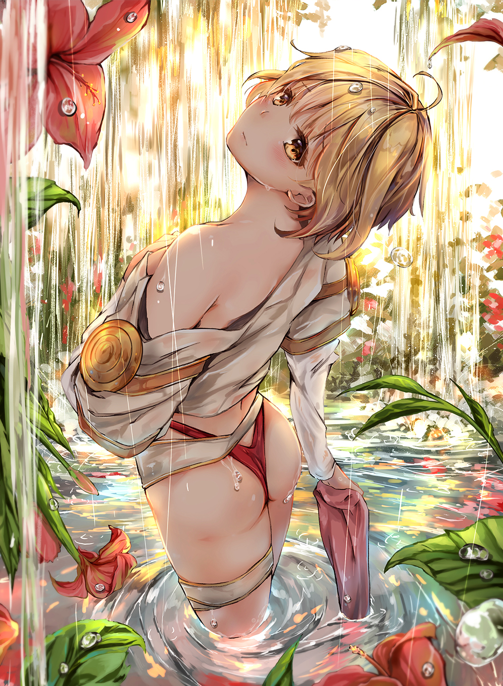 1girl ahoge ass bare_shoulders blonde_hair blush brown_eyes flower highres hmw_(pixiv7054584) langrisser langrisser_iii light_particles light_smile long_sleeves looking_at_viewer looking_back off_shoulder panties partially_submerged red_panties scenery shiny shiny_hair short_hair solo sophia_(langrisser) thong underwear undressing water waterfall wet wet_clothes