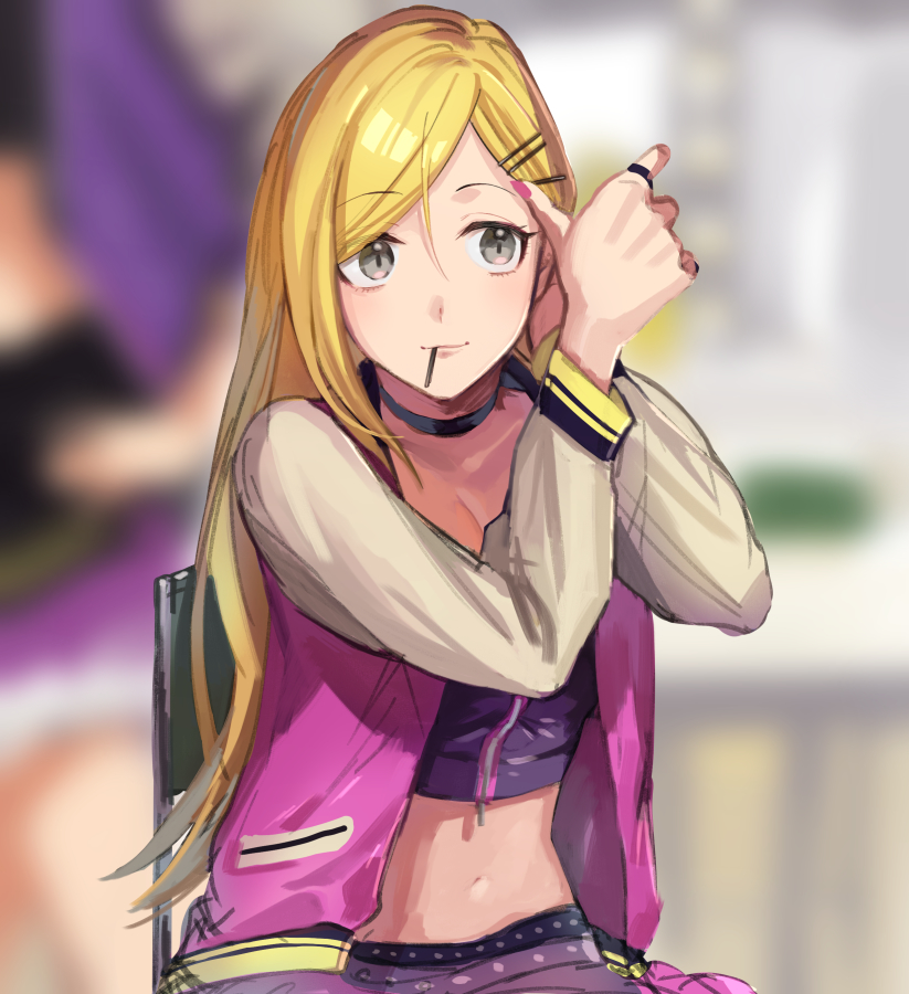 1girl bangs blonde_hair blurry blurry_background crop_top fujimoto_rina grey_eyes grey_sleeves hair_between_eyes hair_ornament idolmaster idolmaster_cinderella_girls jacket jewelry long_hair long_sleeves midriff mouth_hold nail_polish navel open_clothes open_jacket parted_bangs pink_jacket pink_nails ring sitting sketch solo stomach tying_hair very_long_hair yodokawa_(yukko)