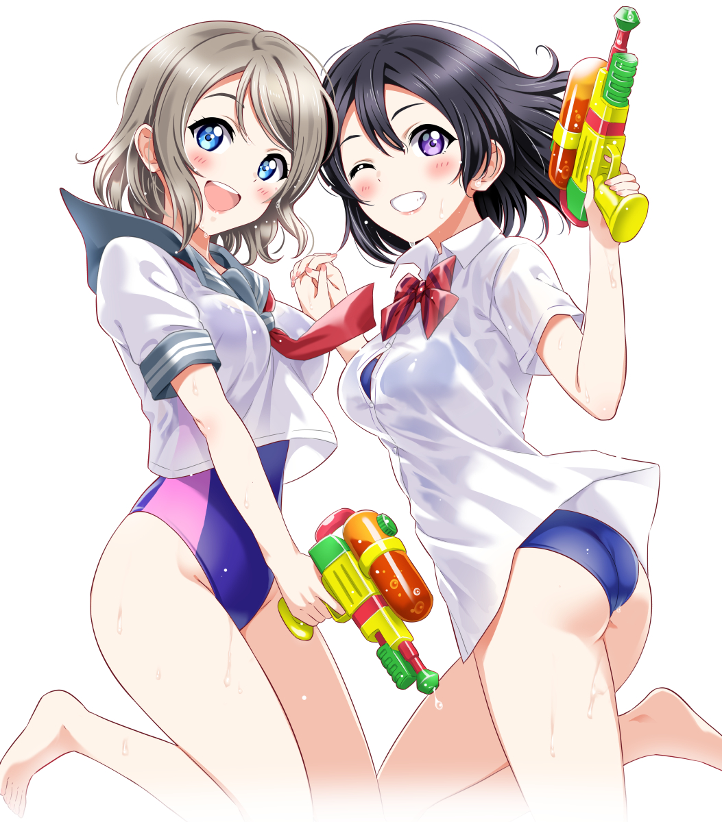 2girls :d ass bangs bare_legs barefoot black_hair blouse blue_eyes blush bow bowtie breasts commentary cousins curvy eyebrows_visible_through_hair family grey_hair hand_holding highres looking_at_viewer love_live! love_live!_sunshine!! medium_breasts multiple_girls neckerchief no_pants one-piece_swimsuit one_eye_closed open_mouth rozen5 sailor_collar school_uniform see-through shirt short_hair short_sleeves sidelocks simple_background skindentation smile swimsuit teeth violet_eyes watanabe_tsuki watanabe_you water_drop water_gun wet wet_clothes wet_hair white_background white_shirt