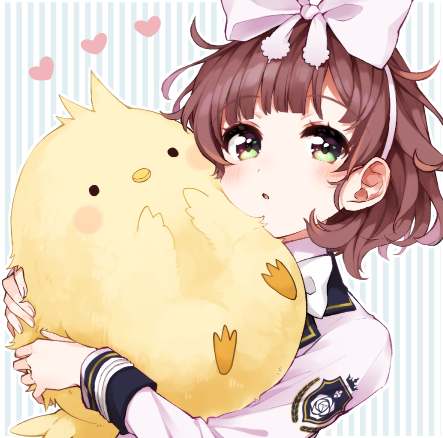 1girl animal animal_hug asuka_hina bangs bird blush bow brown_hair chick commentary_request eyebrows_visible_through_hair fingernails green_eyes hair_bow heart jacket kurihara_sakura long_sleeves nijisanji parted_lips solo striped striped_background upper_body vertical-striped_background vertical_stripes virtual_youtuber white_bow white_jacket