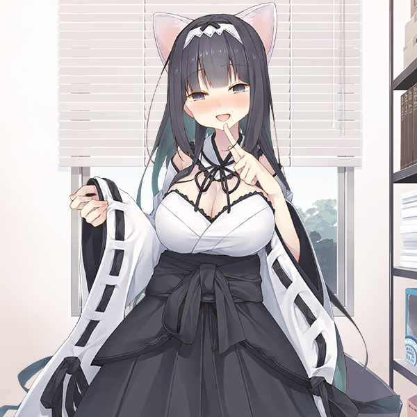 1girl :d animal_ear_fluff animal_ears bangs black_hair black_hakama black_ribbon blinds blush breasts cleavage collar commentary_request day detached_collar detached_sleeves eyebrows_visible_through_hair hairband hakama hand_up head_tilt indoors japanese_clothes kimono large_breasts long_hair long_sleeves neck_ribbon nose_blush open_mouth original pinching_sleeves ribbon ribbon-trimmed_sleeves ribbon_trim sleeves_past_wrists smile solo standing tokuno_yuika very_long_hair white_collar white_hairband white_kimono white_sleeves wide_sleeves window